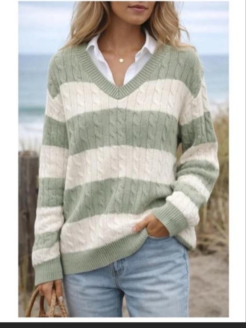 John Galt Striped V-Neck Cable Knit Sweater - Sage Green & Cream